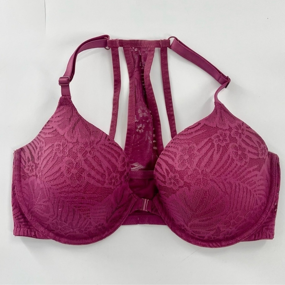 PINK Victorias Secret Bra 36DD Lightly Lined Demi Pink Floral Lace Front Close